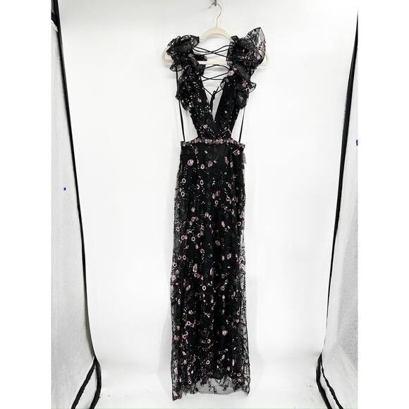 Mac Duggal 68043 Black Pink Beaded Lace Up Ruffle Gown Dress 4 NEW - Picture 4 of 8